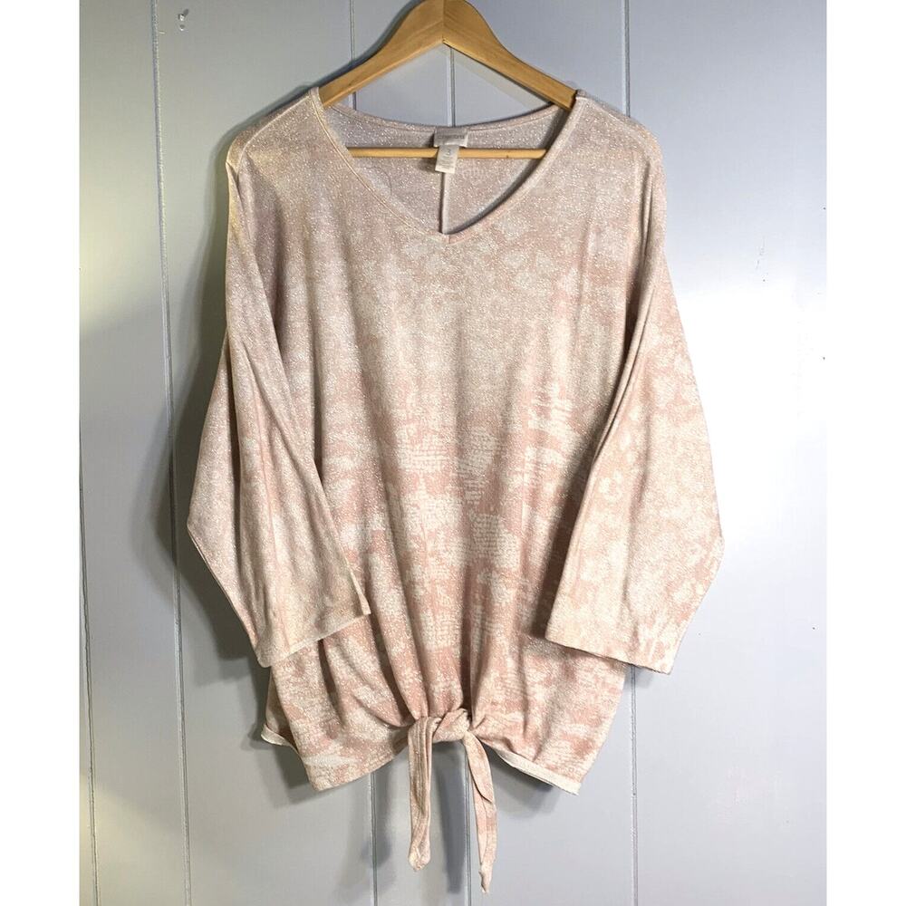 Chicos Lightweight Womens XL 3/4 Sleeve Tie Front Sweater Pink And silver